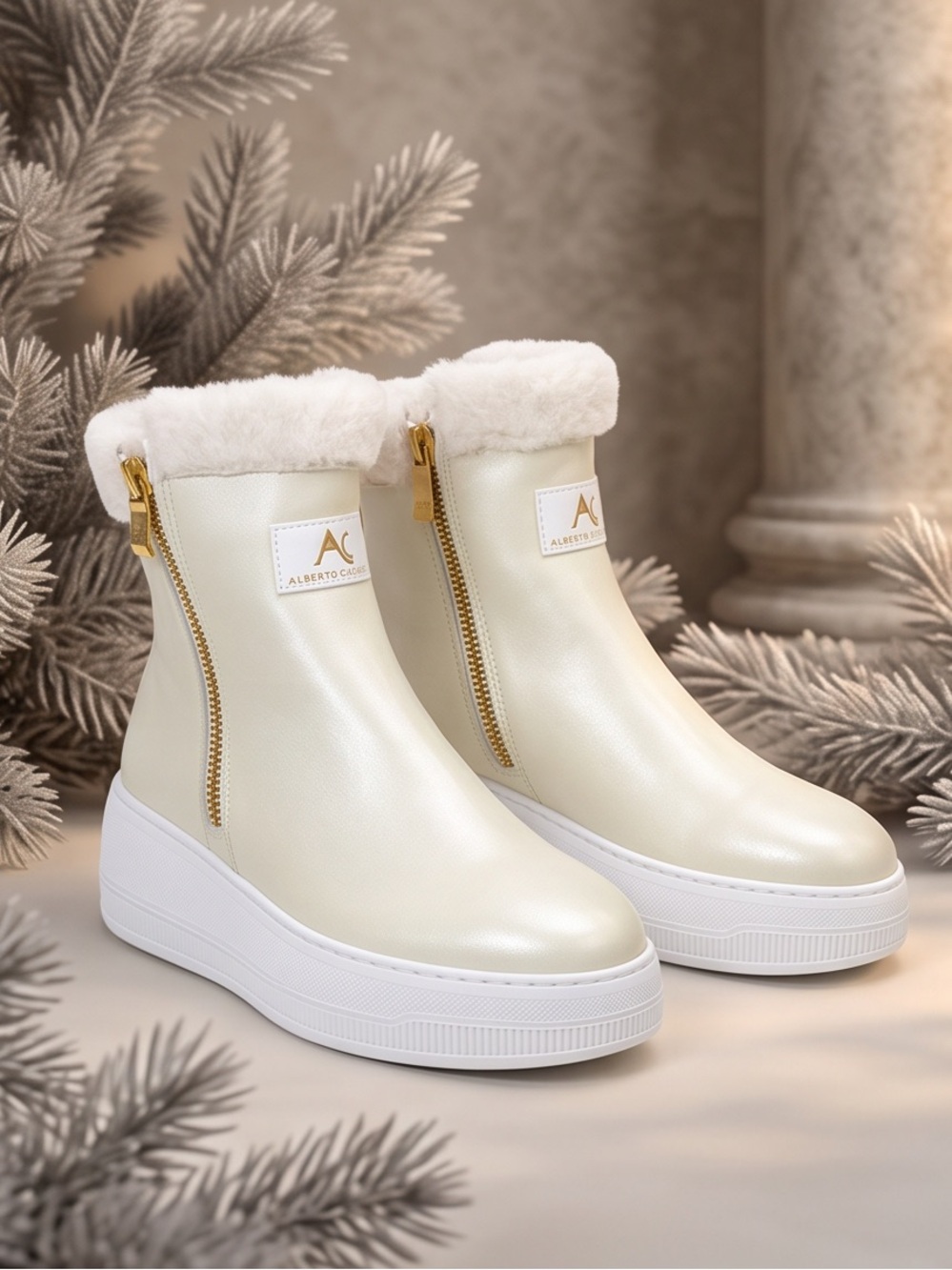 Alberto Ciccioli Women’s Cream and White Merino Fur Platform Ankle Boots